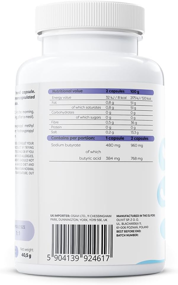 Osavi Sodium Butyrate SR 960mg vegan capsules bottle barcode packaging 60 capsules