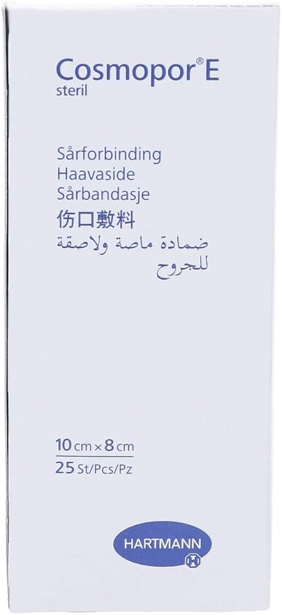 Cosmopor E Sterile Adhesive Dressings box, 10 cm x 8 cm, pack of 25, on white background. Side view