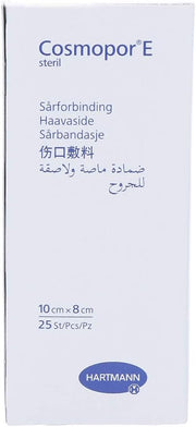 Cosmopor E Sterile Adhesive Dressings box, 10 cm x 8 cm, pack of 25, on white background. Side view