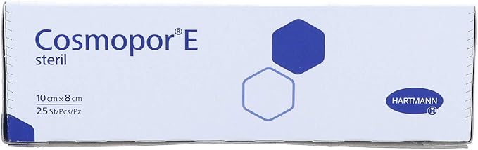 Cosmopor E Sterile Adhesive Dressings box, 10 cm x 8 cm, pack of 25, on white background. Top view