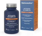 Front: Natroceutics Activated B-Complex Advanced bottle and box, 30 vegan capsules with liposomal delivery, on white background.