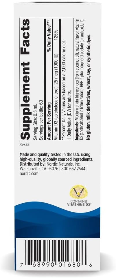 Supplement facts, barcode and ingredients for vegan Vitamin D3 liquid.