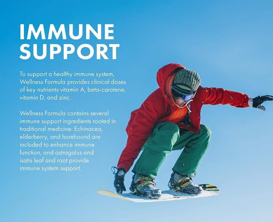 Person snowboarding with text about immune support and wellness formula on a blue background