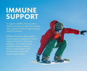 Person snowboarding with text about immune support and wellness formula on a blue background
