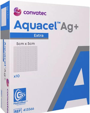 Box of Aquacel AG+ Extra Silver Wound Dressings, 5cm x 5cm, pack of 10.