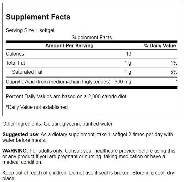 Supplement facts label for a dietary supplement with serving size, calories, fat content, and other details.