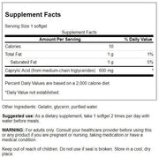 Supplement facts label for a dietary supplement with serving size, calories, fat content, and other details.