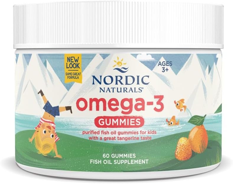Nordic Naturals Omega-3 Tangerine Gummies bottle - 60 gummies, on white background.