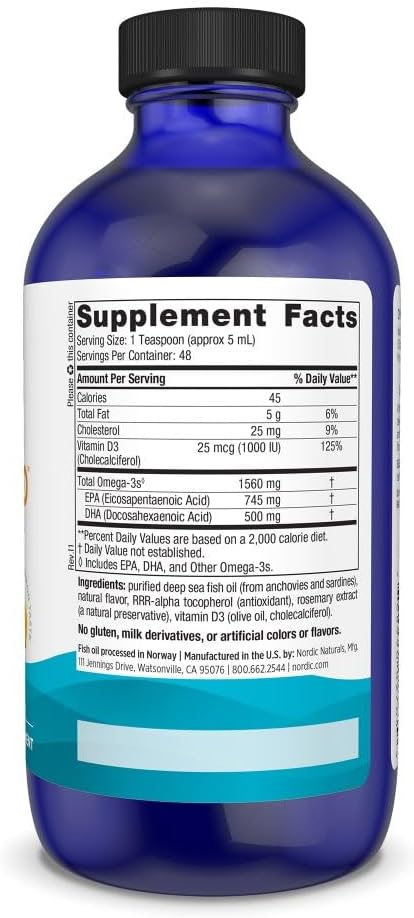 Ingredients and dosage instructions for Omega-3D liquid supplement.