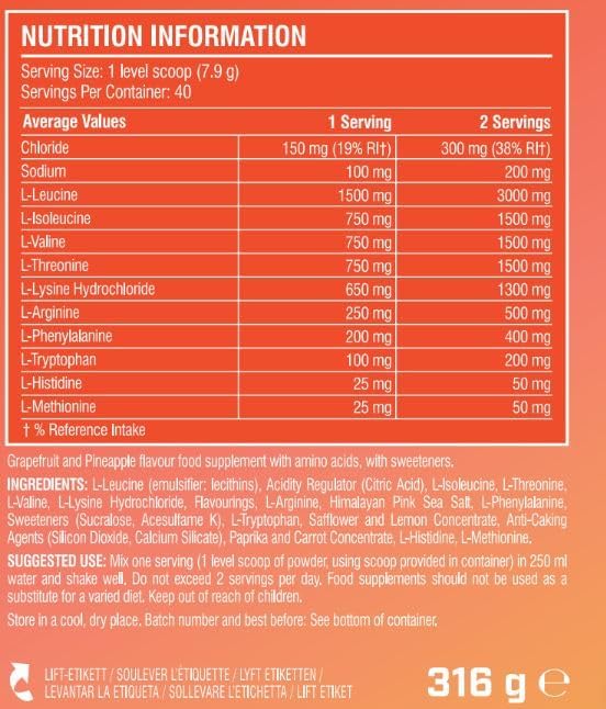 Supplement facts & ingredients image: XTEND EAA Amino Acids Powder Tropical supplement facts ingredients tub powder 316g 40 servings