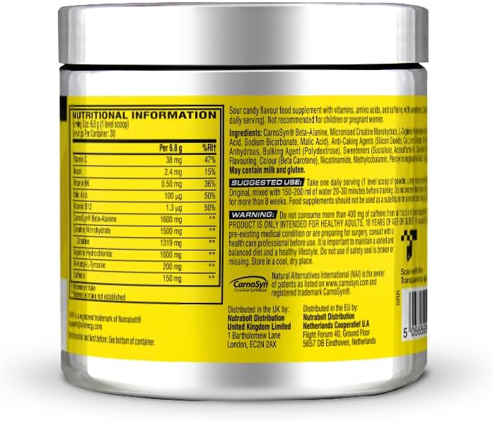 Supplement container with nutritional information label on a white background