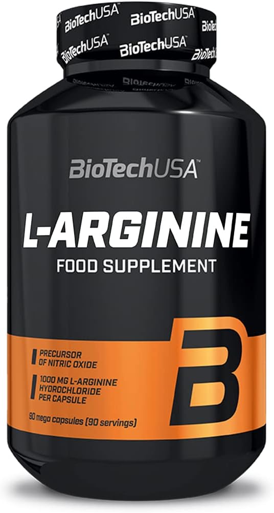 BiotechUSA L-Arginine bottle, 90 capsules, on a clean background.