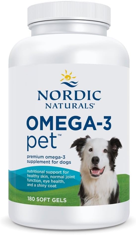 Nordic Naturals Omega-3 Pet unflavored soft gel bottle supplement for dogs. 180 softgels