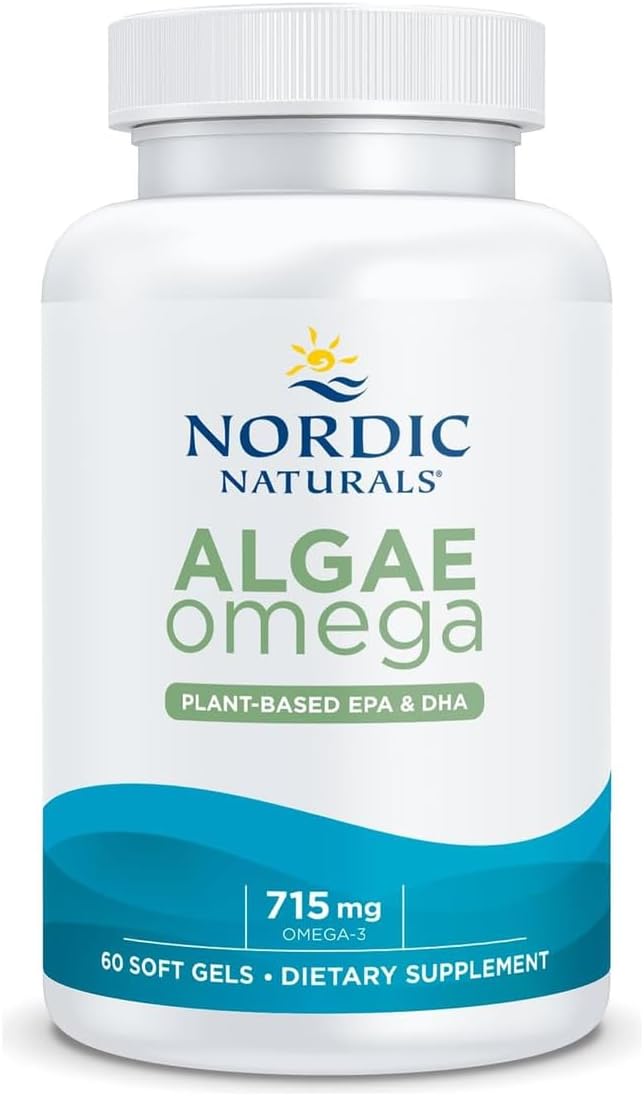 Nordic Naturals Algae Omega vegan softgel bottle - 60 softgels, white background.