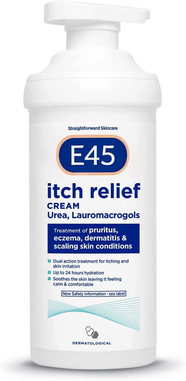 E45 Itch Relief Cream pump bottle, 500g in white background.