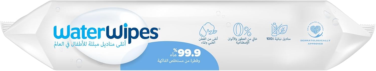 WaterWipes packaging with text and icons on a white background