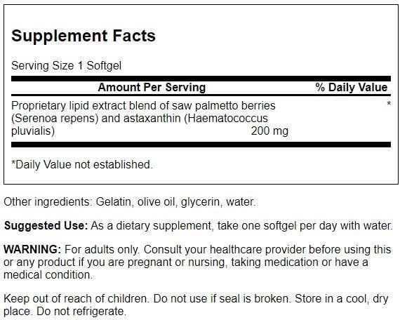 Supplement facts label for a proprietary lipid extract blend with saw palmetto berries and astaxanthin.