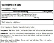 Supplement facts label for a proprietary lipid extract blend with saw palmetto berries and astaxanthin.