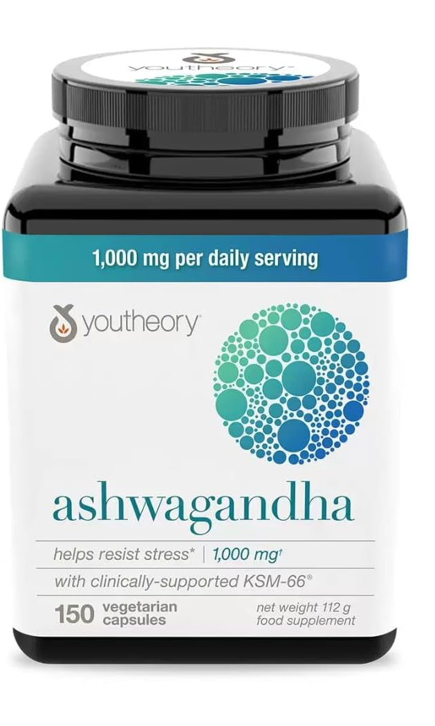 Youtheory ashwagandha supplement bottle on a white background