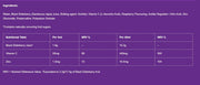 Nutritional information and ingredient list on a purple background