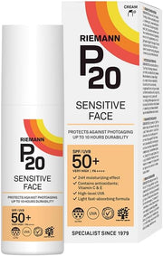Riemann P20 Sensitive Face SPF50+ Sun Protection Cream tube & box, 50g, on white background.