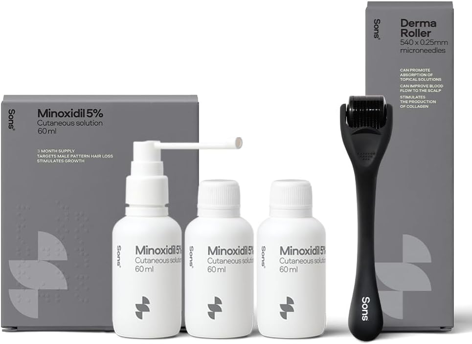 Box of Sons Minoxidil 5% Solution & Dermaroller Kit for Men, showing 3 bottles and roller.