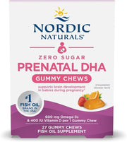 Nordic Naturals Zero Sugar Prenatal DHA Gummies box, 27 strawberry orange.