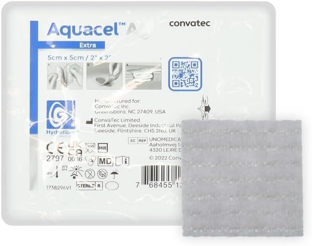 Single sterile Aquacel AG+ Extra 5x5 cm silver dressing and back label