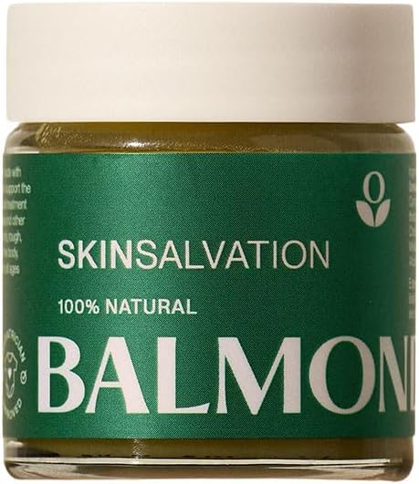 Front image: Balmonds Skin Salvation Moisturising Balm 30ml jar natural skincare balm packaging