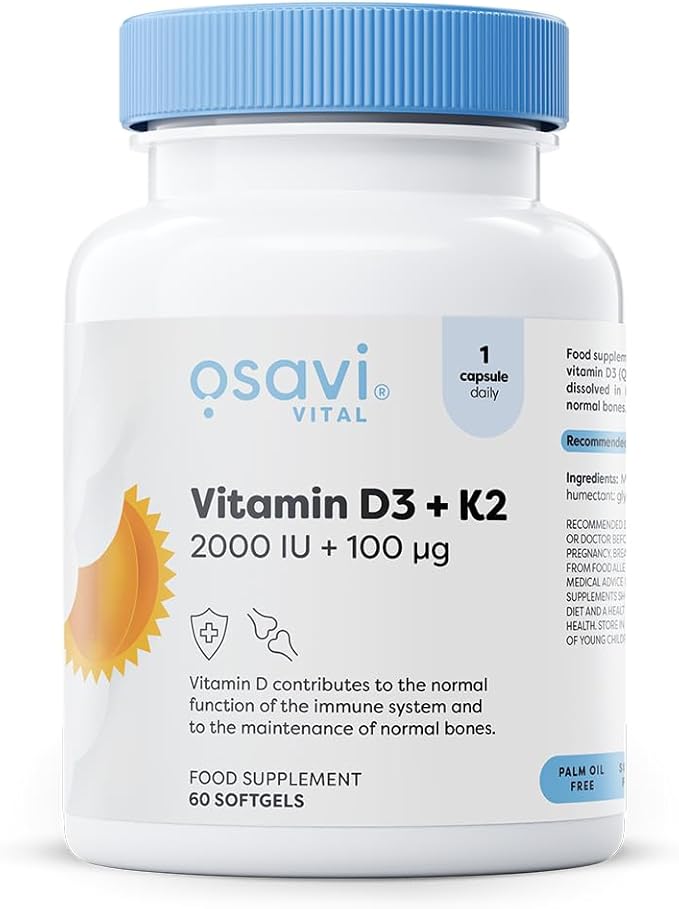 Osavi Vitamin D3 + K2 bottle, 60 softgels, 2000IU & 100μg.