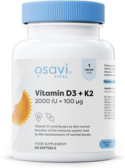 Osavi Vitamin D3 + K2 bottle, 60 softgels, 2000IU & 100μg.