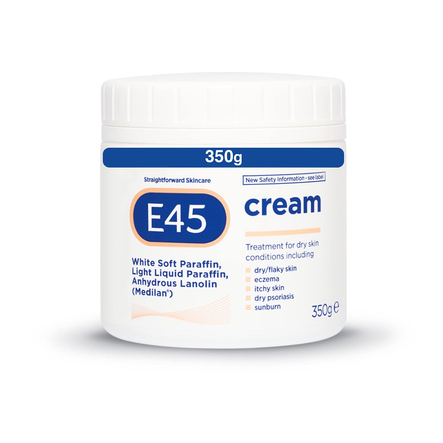 E45 Cream tub for dry skin, 350g in white background.