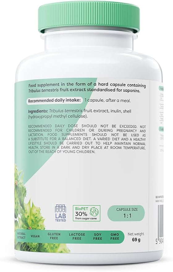 Supplement facts panel showing 90% saponin standardization for Osavi Tribulus.