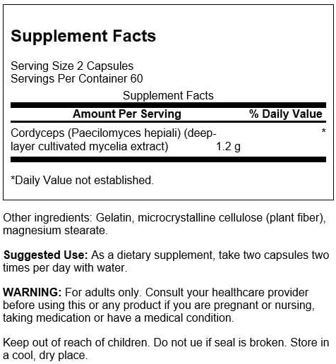 Supplement facts label for a dietary supplement with cordyceps extract.