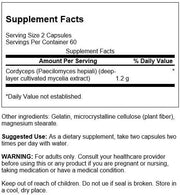 Supplement facts label for a dietary supplement with cordyceps extract.
