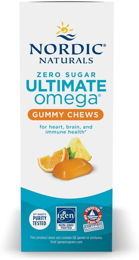 Nordic Naturals Zero Sugar Ultimate Omega Tropical Fruit - 54 Gummies box side view.