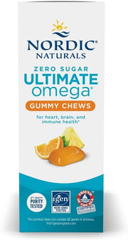 Nordic Naturals Zero Sugar Ultimate Omega Tropical Fruit - 54 Gummies box side view.