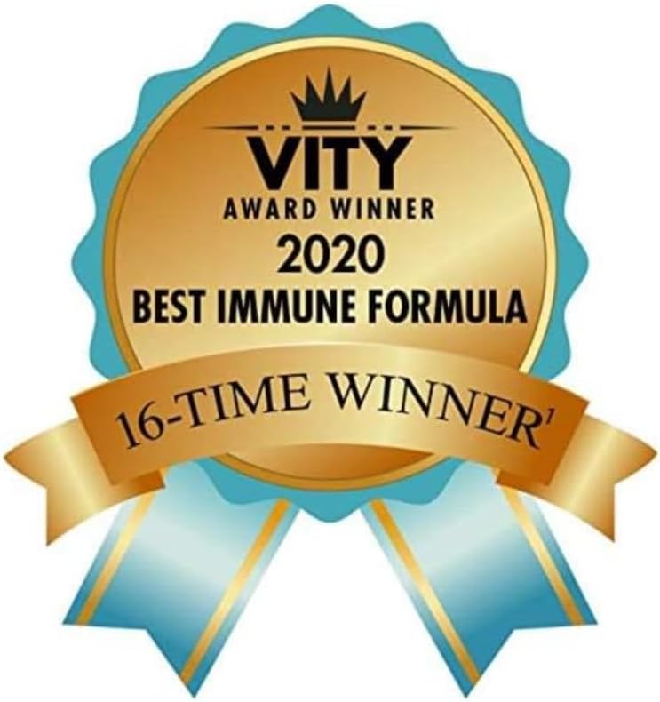 VITY Award Winner badge for Best Immune Formula 2020 with a blue and gold design.