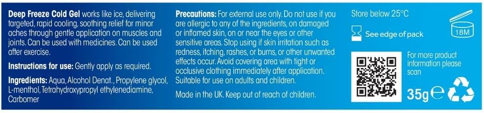 Back of Deep Freeze Cold Gel tube 35g showing ingredients and instructions.