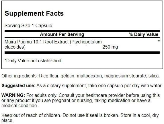 Back: Supplement facts panel for Muira Puama extract showing 10:1 concentration.