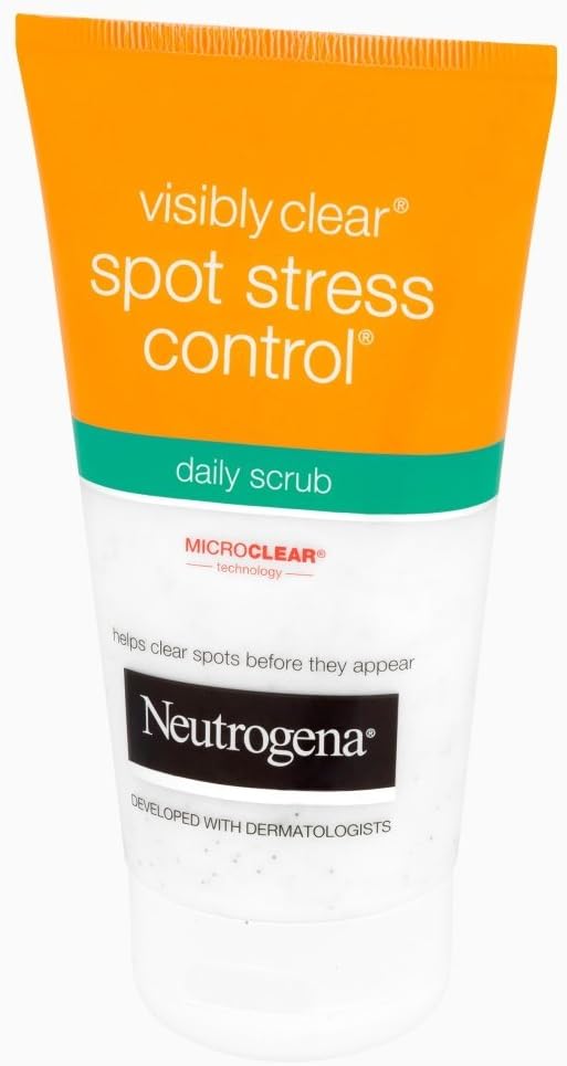 Neutrogena Visibly Clear Daily Scrub 150ml tube, blue and white packaging, isolated on white.