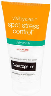 Neutrogena Visibly Clear Daily Scrub 150ml tube, blue and white packaging, isolated on white.