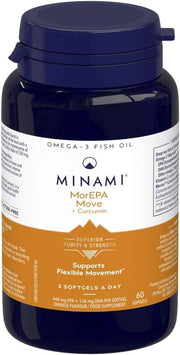 Minami MorEPA Move Plus supplement bottle with Omega-3 and Curcumin Meriva®, 60 softgels.