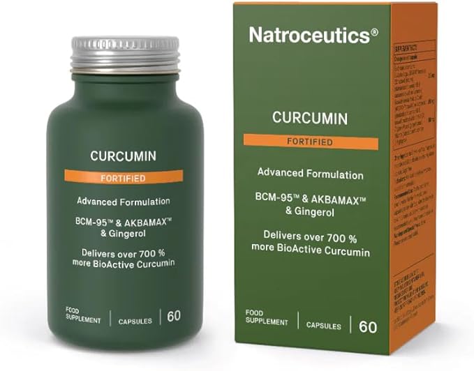 Front: Natroceutics Curcumin Fortified bottle and box, 60 vegan capsules, advanced turmeric formula.
