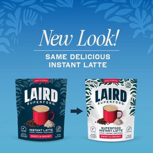 Laird Superfood Non-Dairy Instant Latte, Sweet & Creamy – 227g. Old & new packaging.