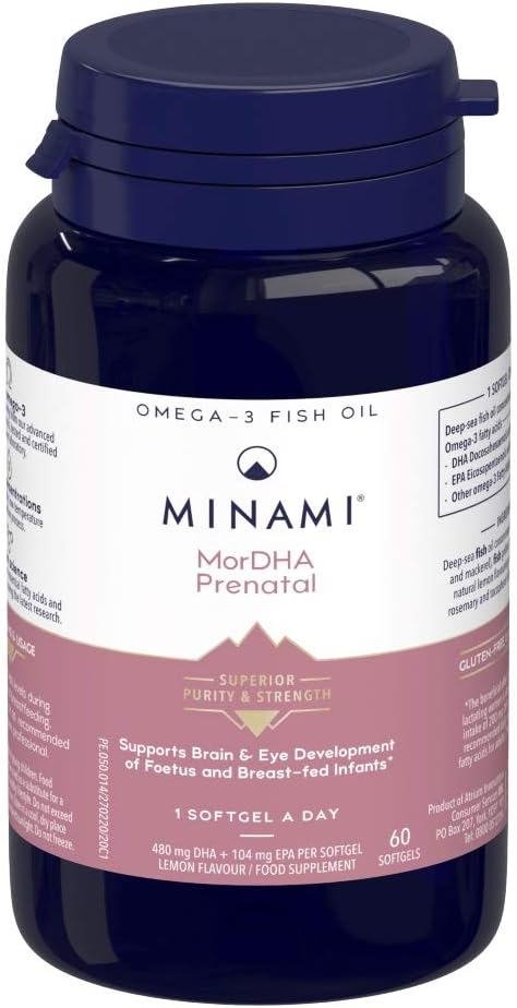 Minami MorDHA Prenatal Omega-3 softgels bottle, showing lemon flavor and 480mg DHA.