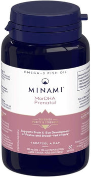Minami MorDHA Prenatal Omega-3 softgels bottle, showing lemon flavor and 480mg DHA.