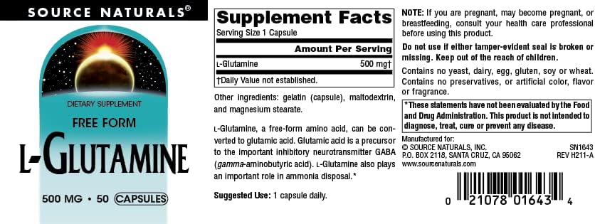 Source Naturals L-Glutamine 500mg Free Form - 50 Capsules label