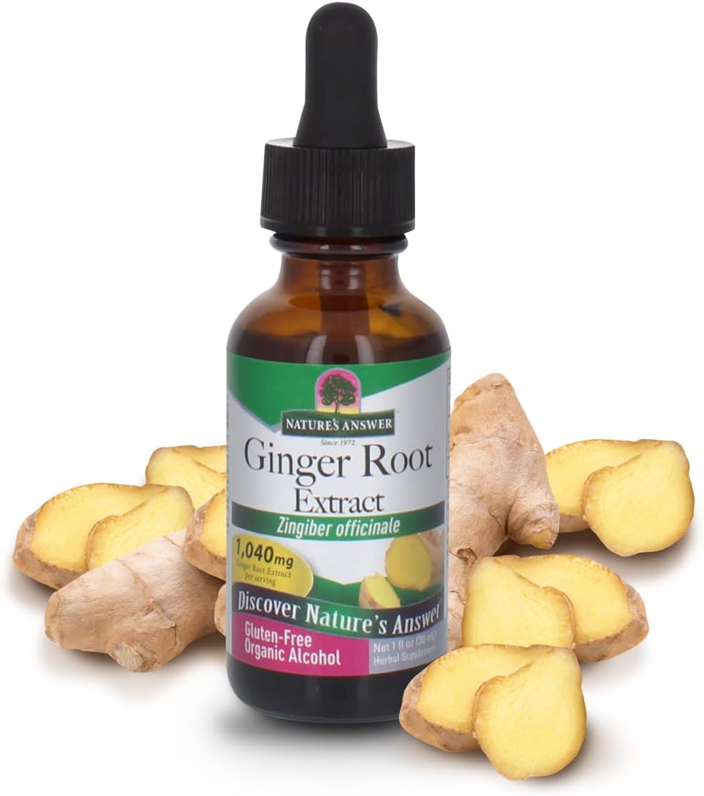 Nature’s Answer Ginger Root Liquid Extract with Organic Alcohol 30ml bottle front view with ginger