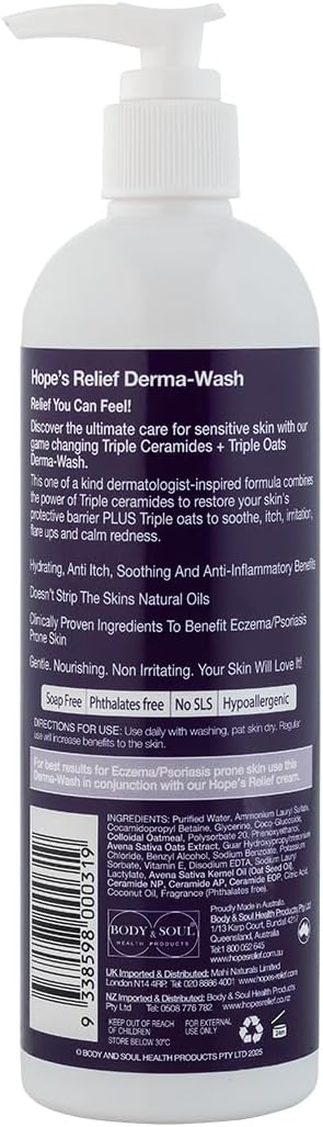 Bottle of derma-wash with pump and label on a white background